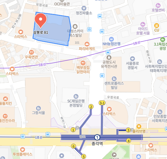 넥스트지 위치가 표시된 지도, 가까운 거리 남쪽에 종각역 2번출구가 있으며 서쪽으로는 광화문역이 있다